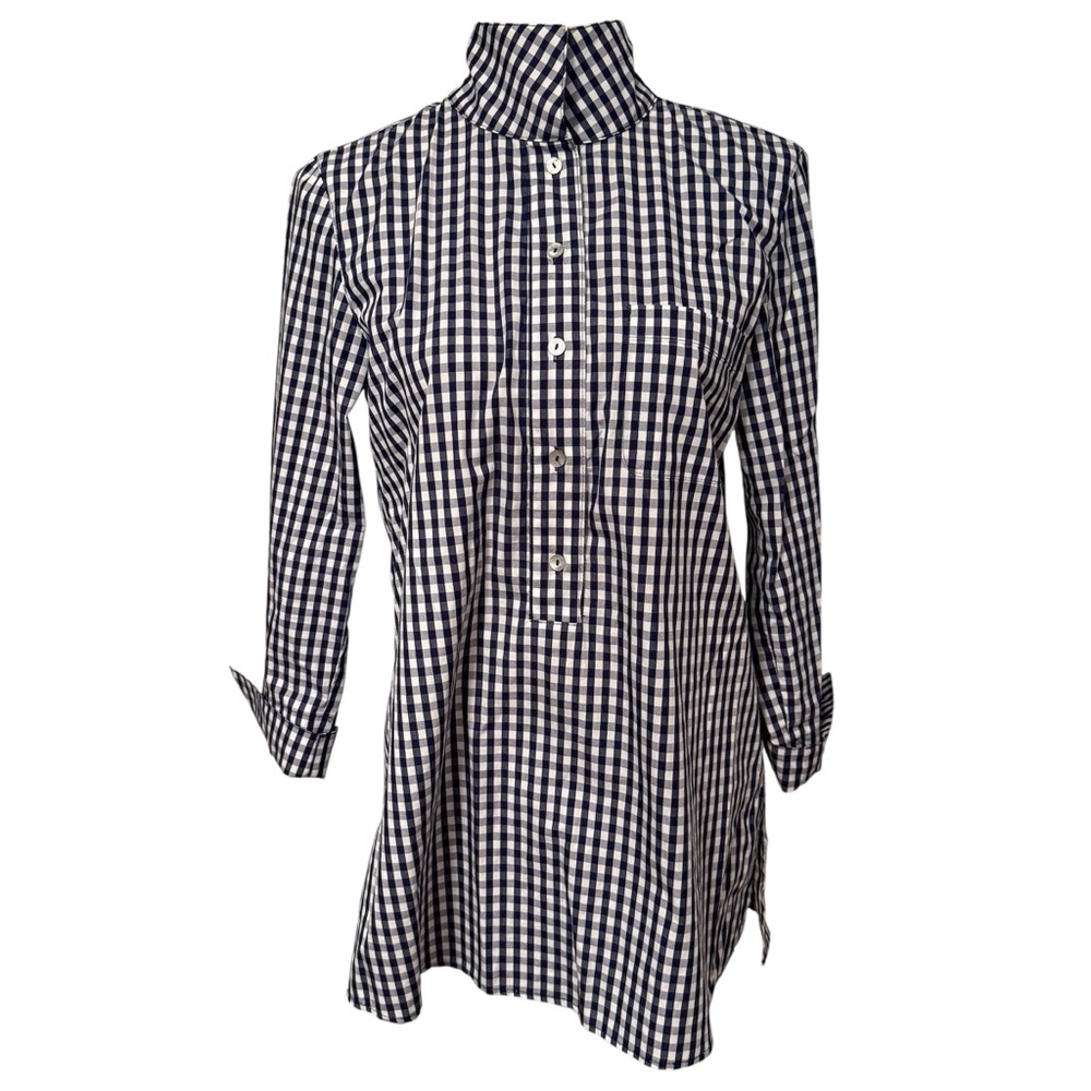 SARA CAMPBELL TOP BLOUSE TUNIC BLUE WHITE GINGHAM PLAID 3/4 SLEEVE USA SIZE S